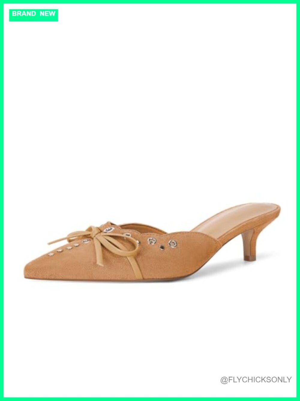 Suede Leather Kitten Heel Mules Bow Studded Pointed Toe Slip On Heeled Sandals